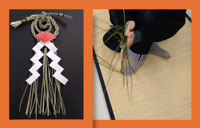 しめ飾りと作っている様子