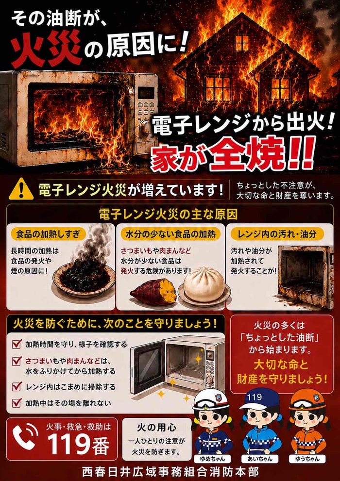 電子レンジ火災の予防を呼びかける画像